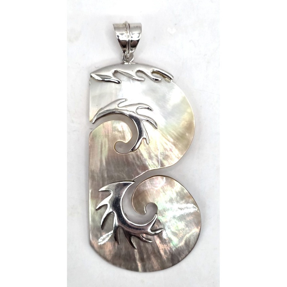 Mother of Pearl Pendent Sterling Silver 925 Cutouts Iridescent Shell 3" Handmade